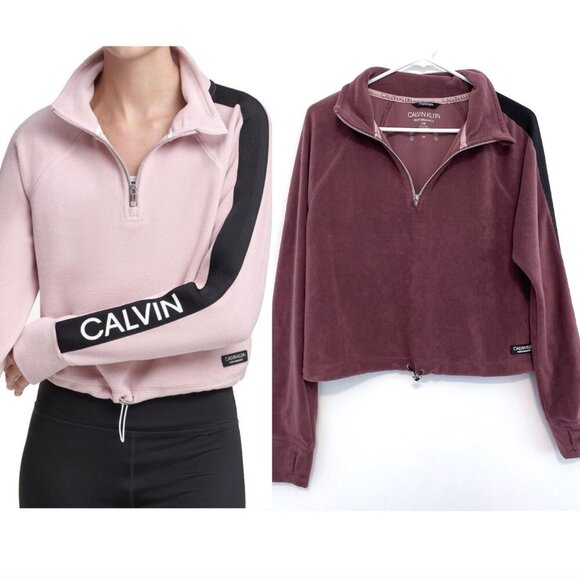 CALVIN KLEIN PERFORMANCE Half Zip Logo Top Purple Fleece 1/2 Zip Crop Sweatshirt - Picture 1 of 15